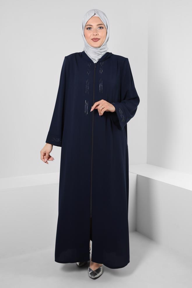Hijab clothing NAVY BLUE HOODED ZIPPERED JACKET WITH GEM 80062 - ALVİNA