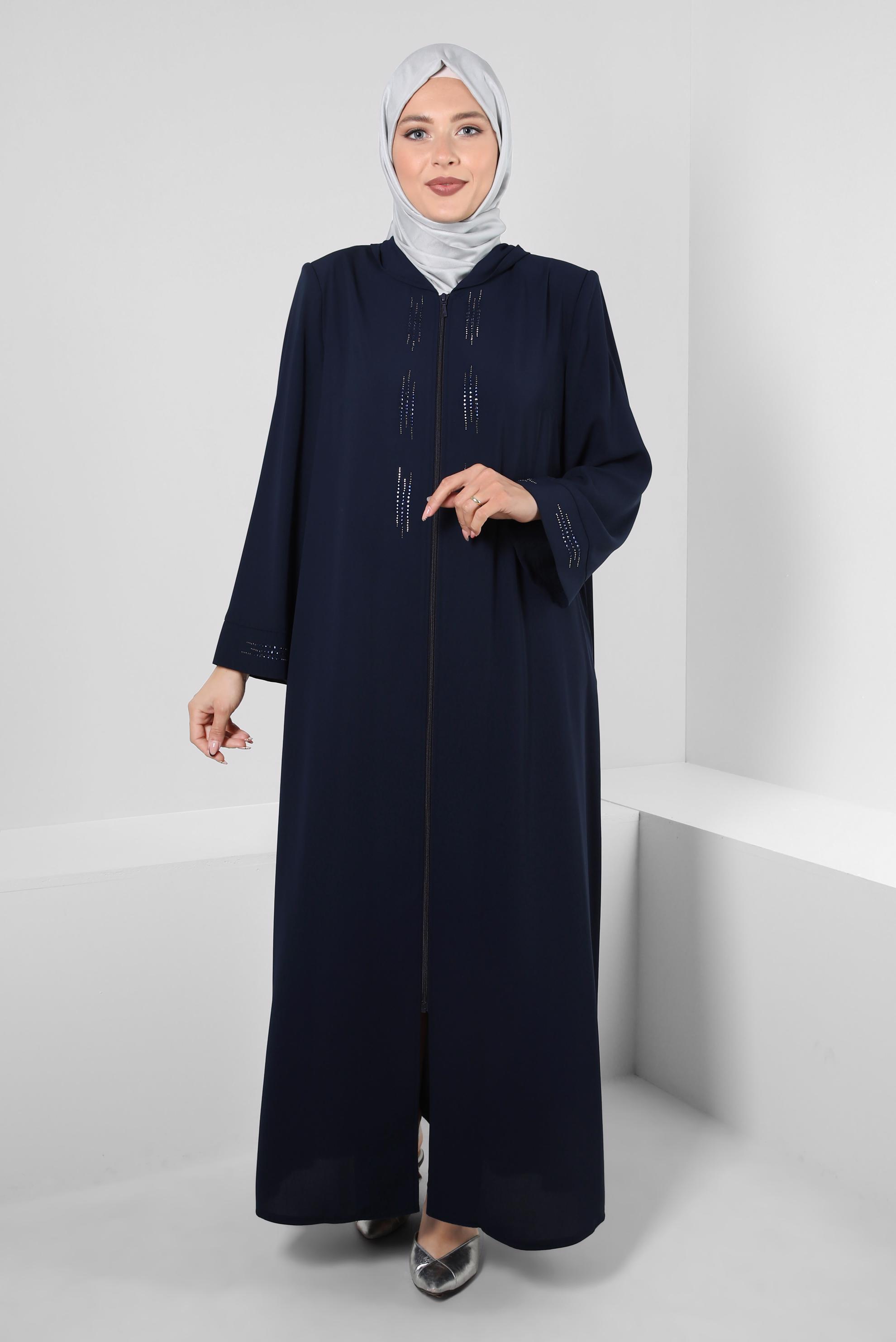 Hijab clothing NAVY BLUE HOODED ZIPPERED JACKET WITH GEM 80062