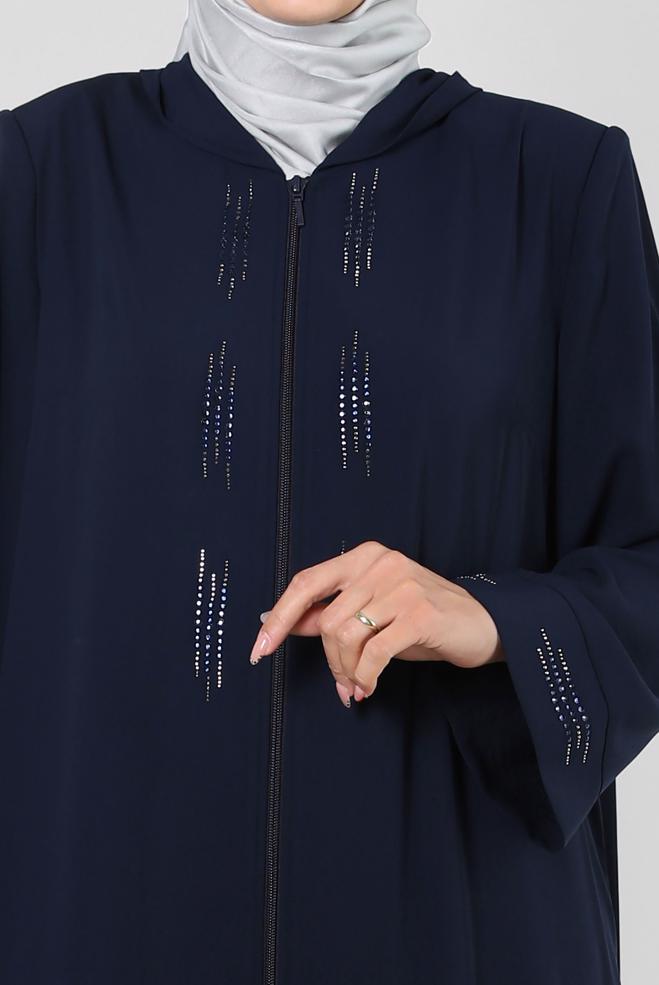 Hijab clothing NAVY BLUE HOODED ZIPPERED JACKET WITH GEM 80062 - ALVİNA