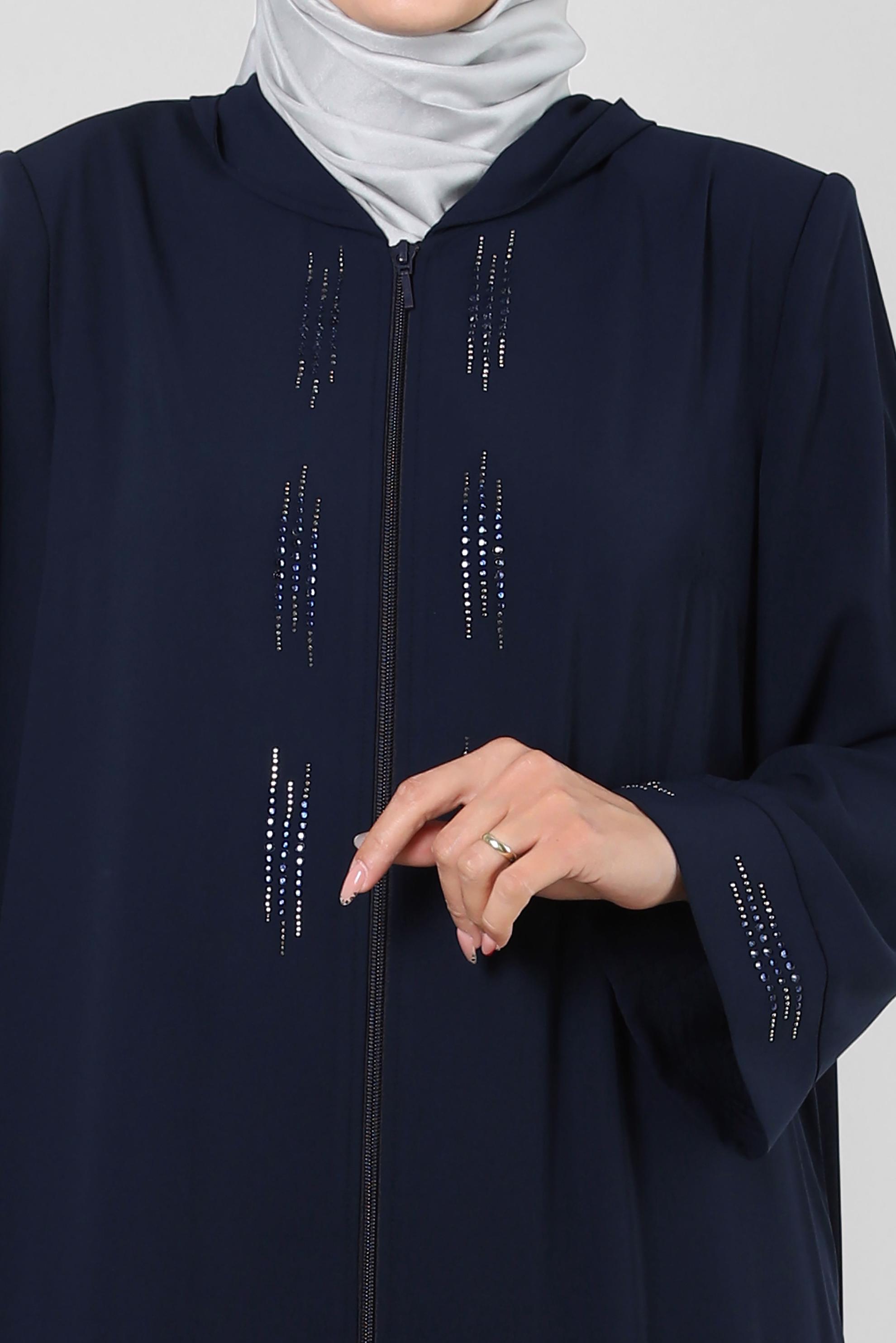 Hijab clothing NAVY BLUE HOODED ZIPPERED JACKET WITH GEM 80062
