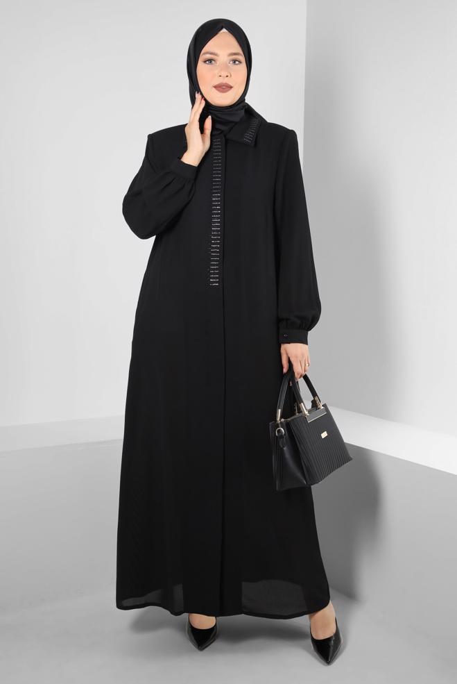 Vêtements hijab NOIR SURMANTEAU BRODÉ GEM AVEC BOUTONS INVISIBLES 80063 - ALVİNA
