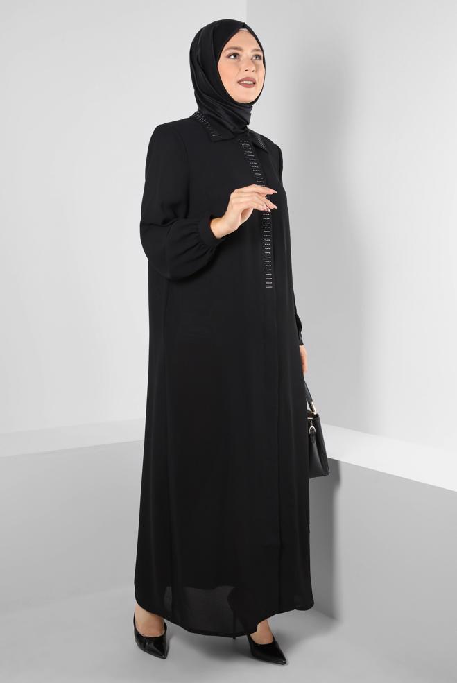 Vêtements hijab NOIR SURMANTEAU BRODÉ GEM AVEC BOUTONS INVISIBLES 80063 - ALVİNA