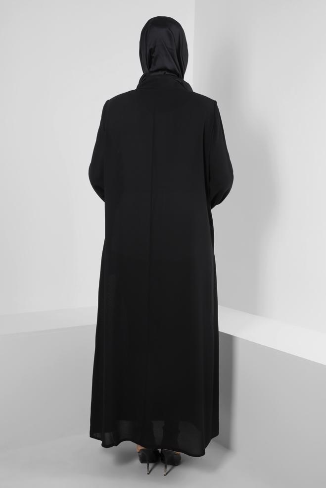 Vêtements hijab NOIR SURMANTEAU BRODÉ GEM AVEC BOUTONS INVISIBLES 80063 - ALVİNA
