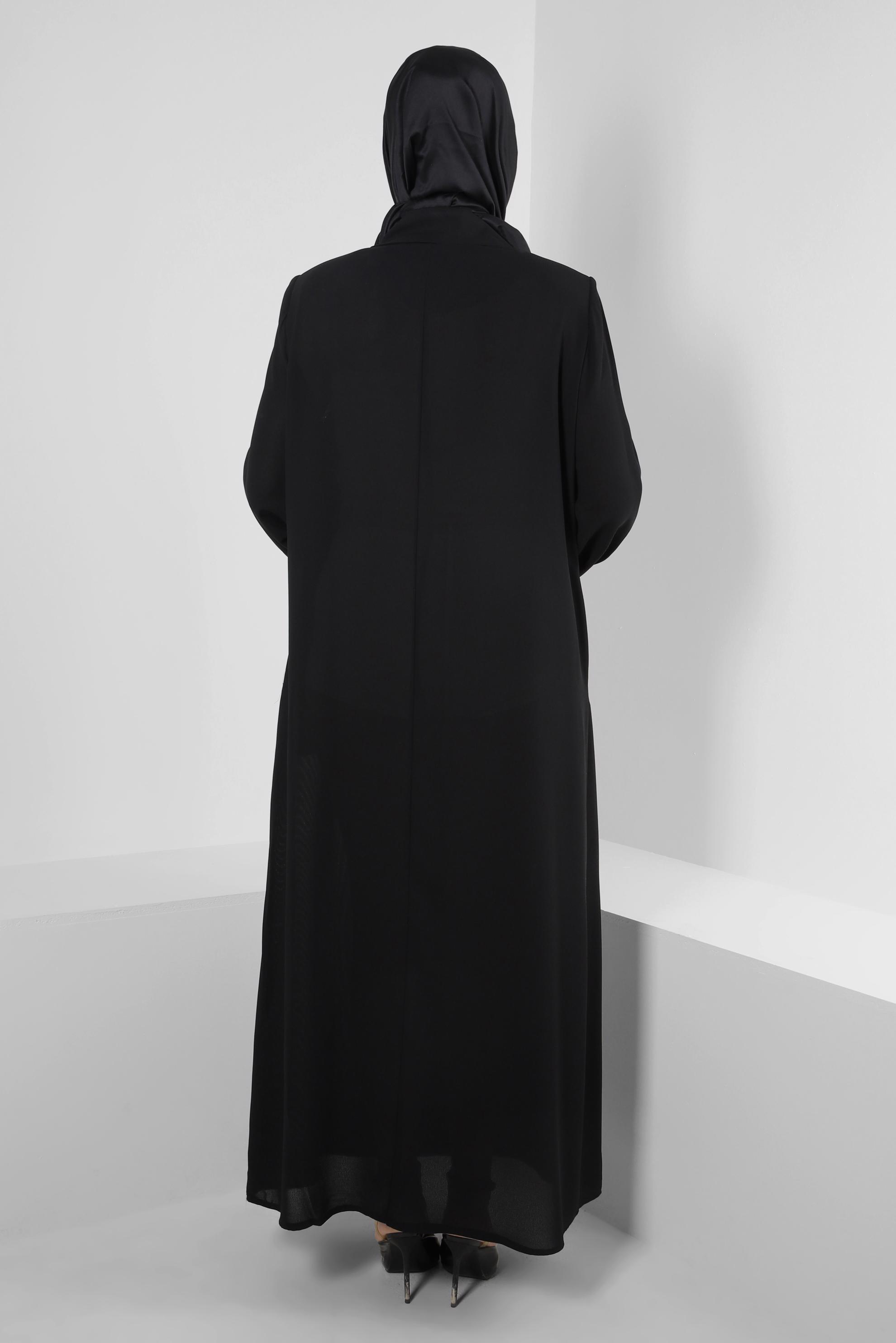 Tesettür giyim SİYAH TAŞ BASKILI GİZLİ DÜĞMELİ FERACE 80063