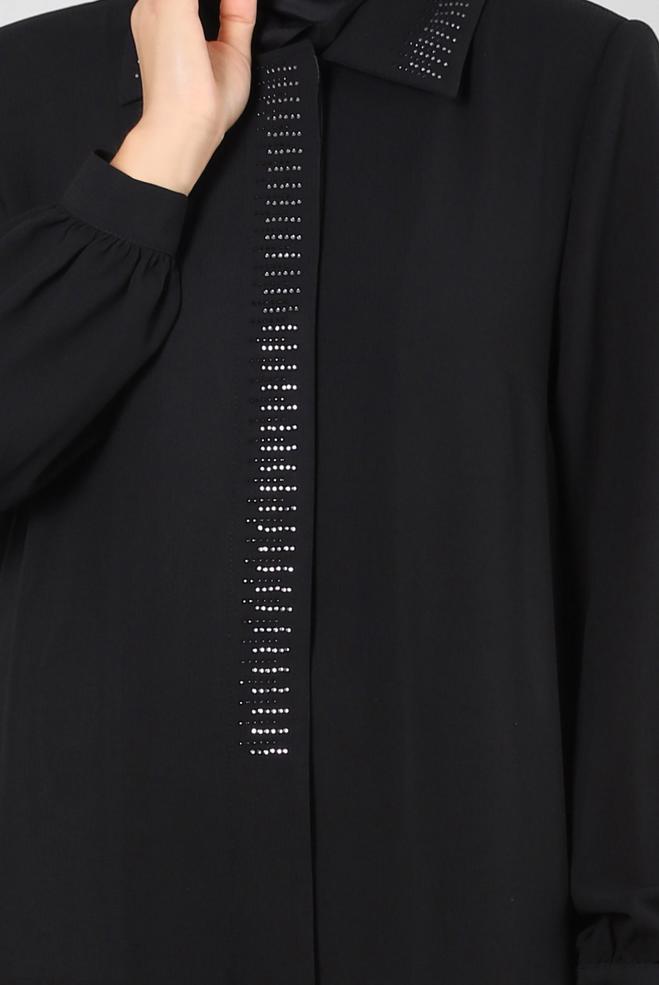 Vêtements hijab NOIR SURMANTEAU BRODÉ GEM AVEC BOUTONS INVISIBLES 80063 - ALVİNA