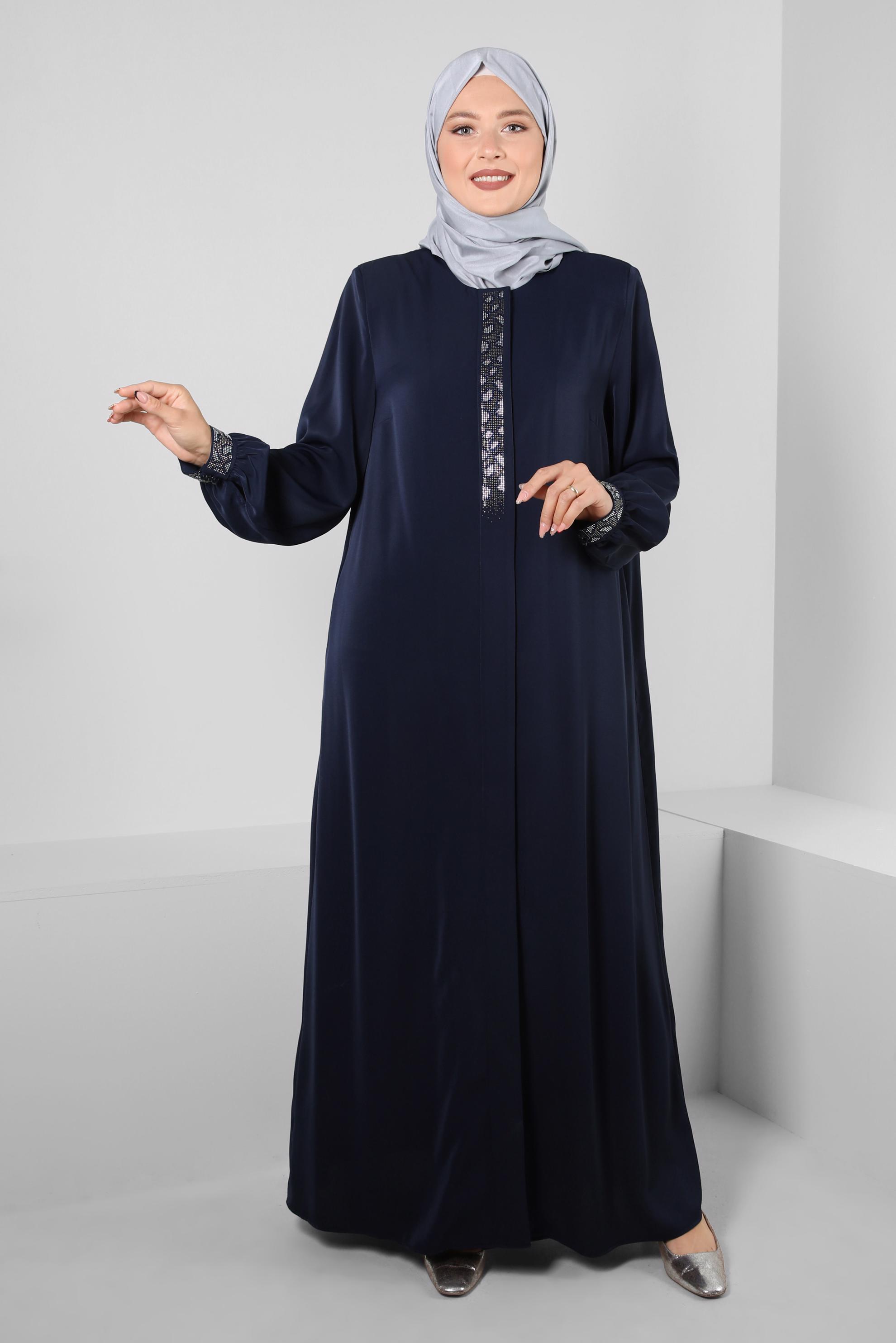 Vêtements hijab BLEU MARINE SURMANTEAU INVISIBLE BOUTONNÉ AVEC GEM BRODÉ 80064