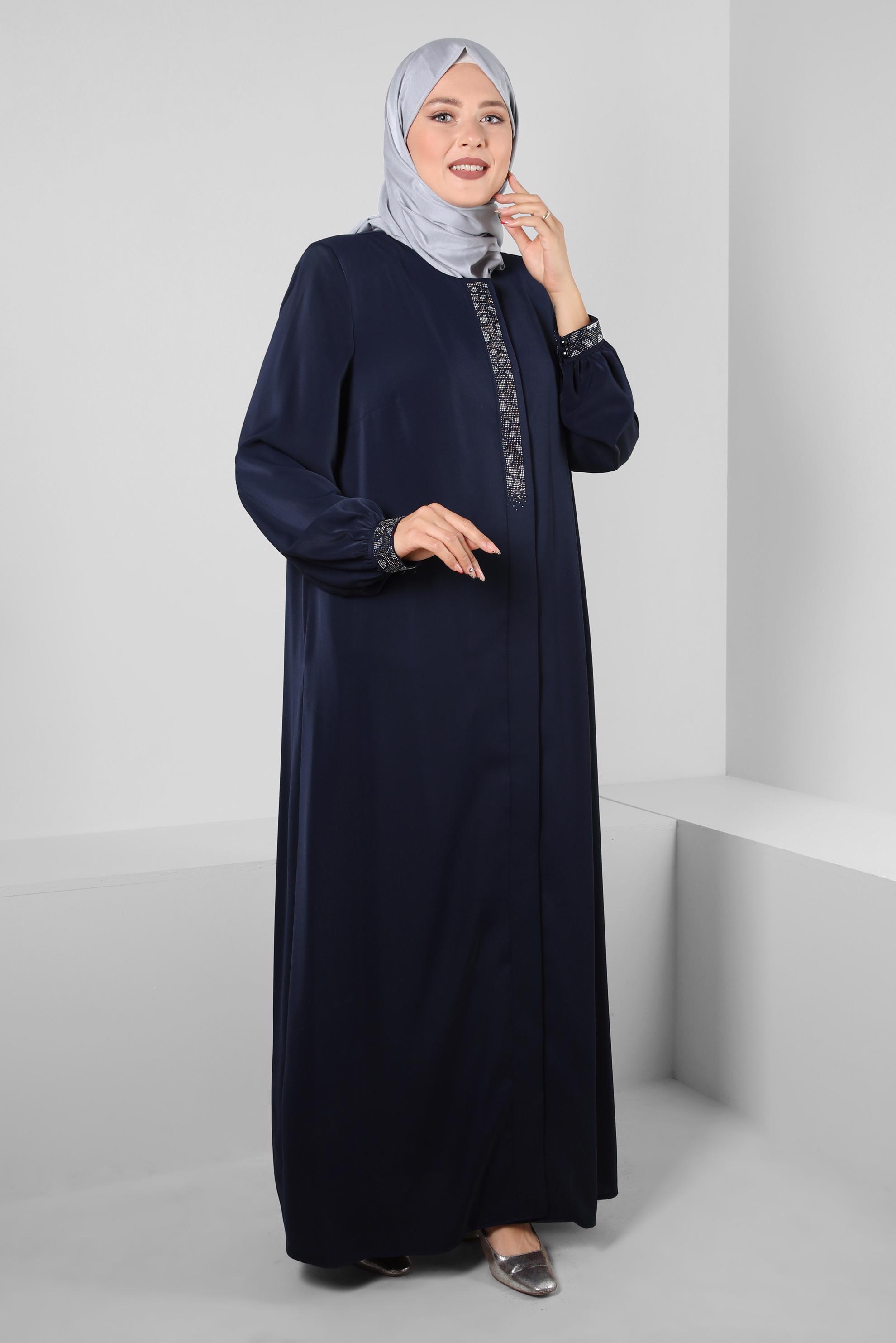Vêtements hijab BLEU MARINE SURMANTEAU INVISIBLE BOUTONNÉ AVEC GEM BRODÉ 80064