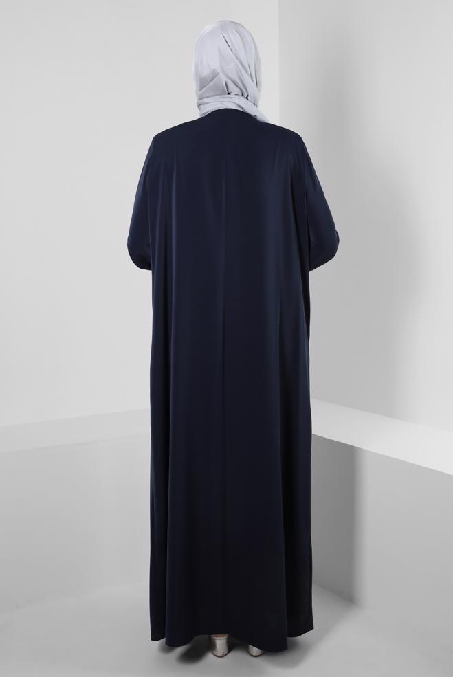 Hijab clothing NAVY BLUE INVISIBLE BUTTONED TOPCOAT WITH GEM EMBROIDERED 80064 - ALVİNA