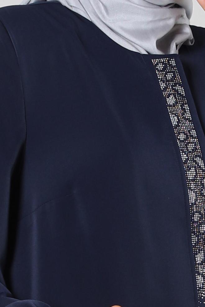 Hijab clothing NAVY BLUE INVISIBLE BUTTONED TOPCOAT WITH GEM EMBROIDERED 80064 - ALVİNA