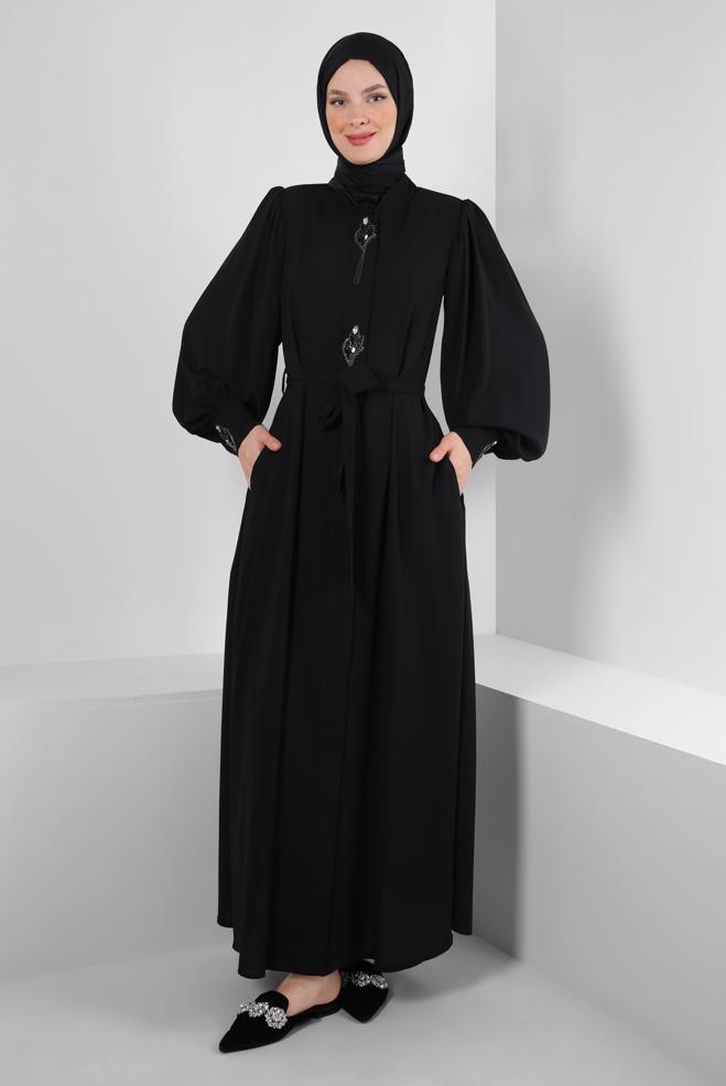 Hijab-Kleidung SCHWARZ BALON KOL TAŞ DETAYLI FERACE 80066 - ALVİNA