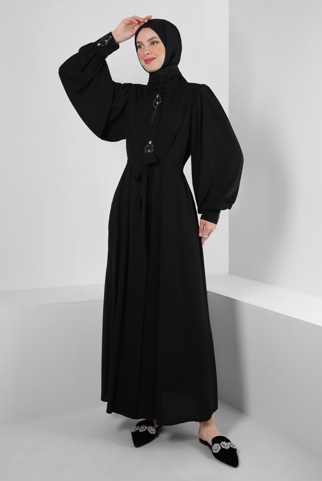 Hijab-Kleidung SCHWARZ BALON KOL TAŞ DETAYLI FERACE 80066 - ALVİNA