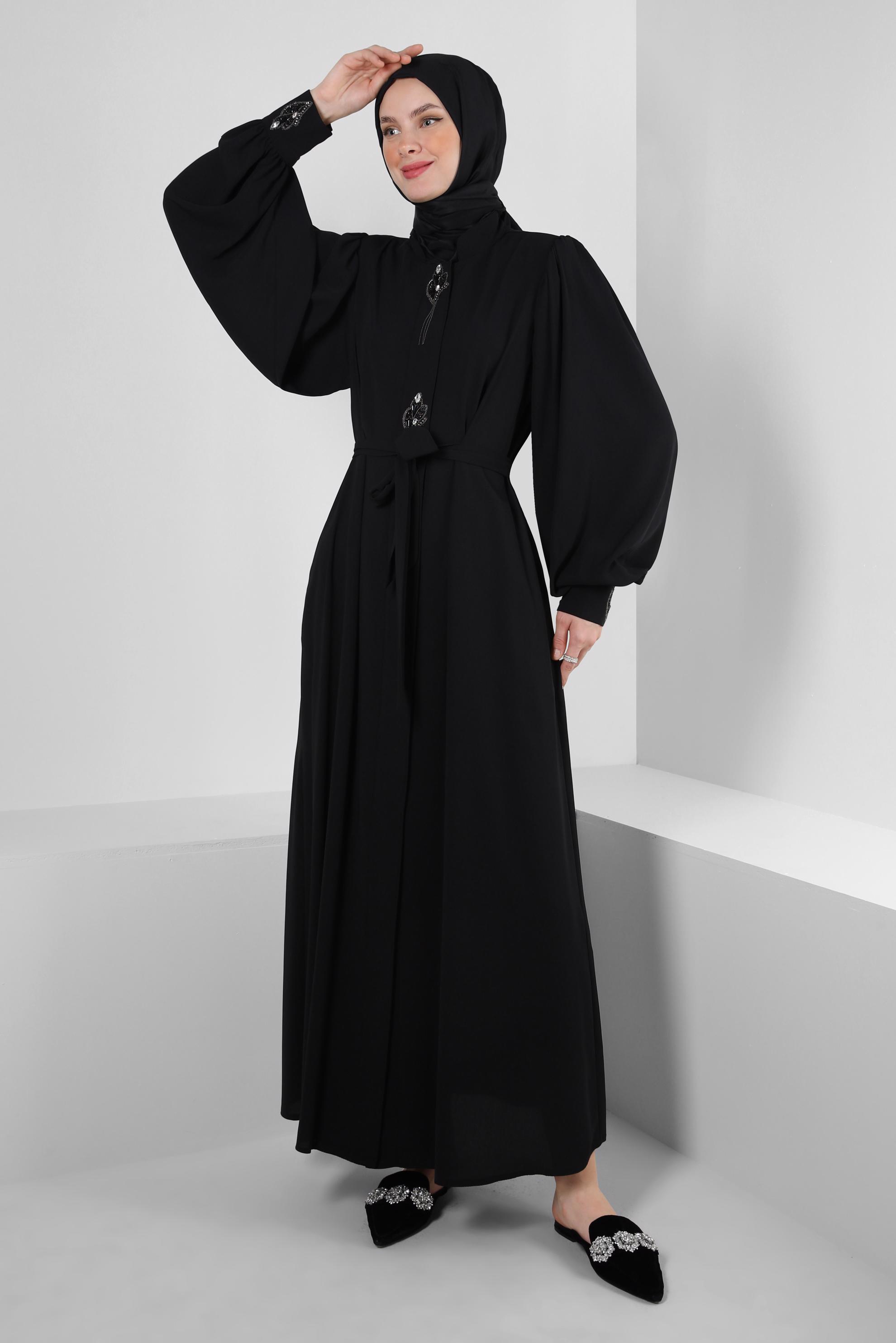 Tesettür giyim SİYAH BALON KOL TAŞ DETAYLI FERACE 80066
