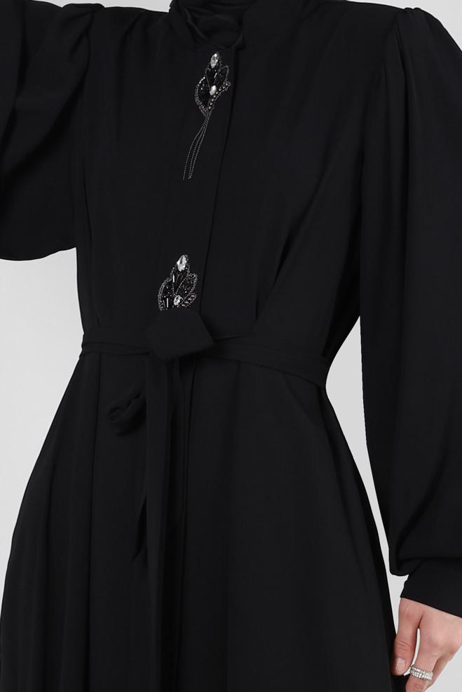 Hijab-Kleidung SCHWARZ BALON KOL TAŞ DETAYLI FERACE 80066 - ALVİNA