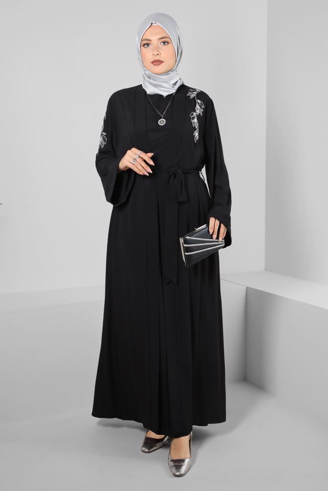 Hijab clothing BLACK GEM EMBROIDERED BELTED TOPCOAT SUIT WITH DRESS 80067 - ALVİNA