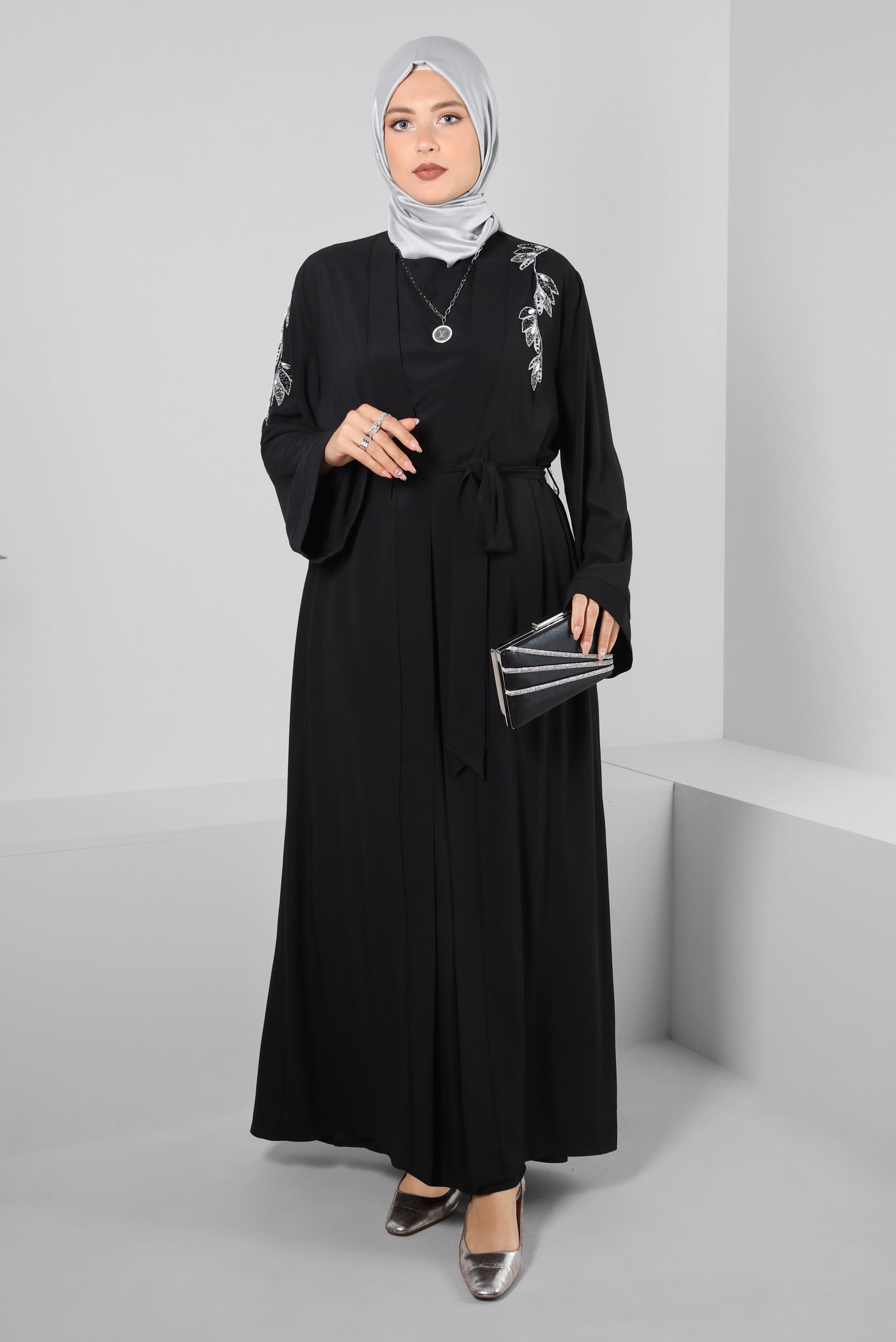 Hijab clothing BLACK GEM EMBROIDERED BELTED TOPCOAT SUIT WITH DRESS 80067