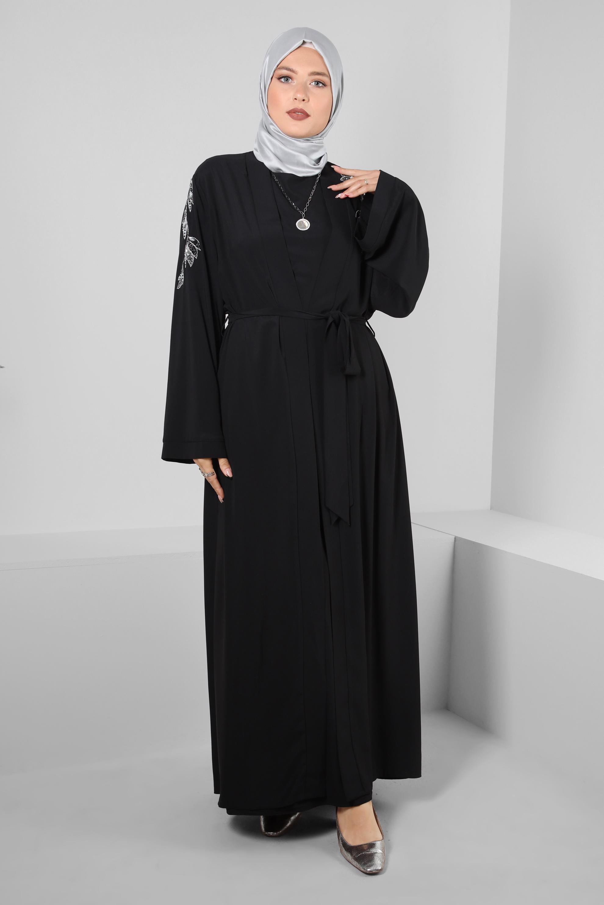 Hijab clothing BLACK GEM EMBROIDERED BELTED TOPCOAT SUIT WITH DRESS 80067