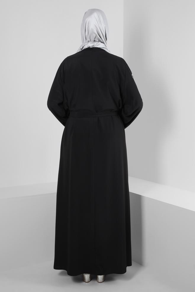 Hijab clothing BLACK GEM EMBROIDERED BELTED TOPCOAT SUIT WITH DRESS 80067 - ALVİNA