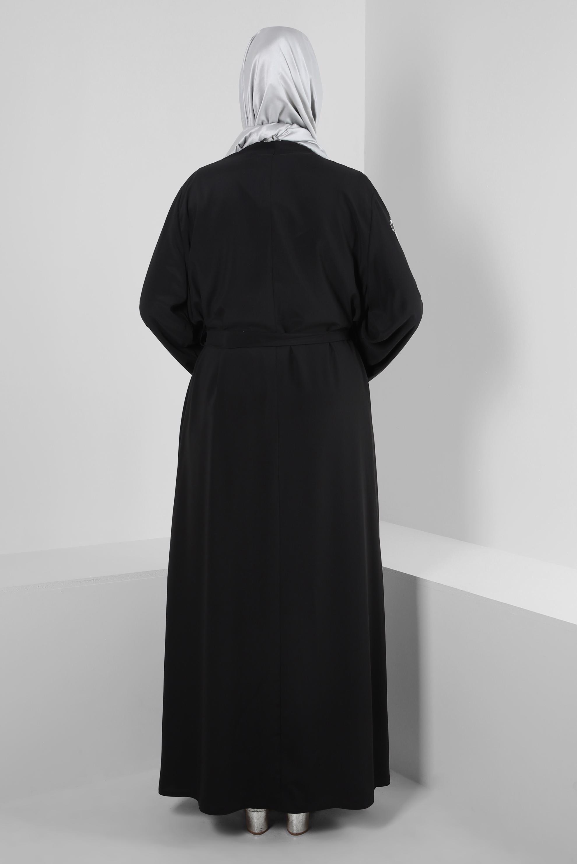 Hijab clothing BLACK GEM EMBROIDERED BELTED TOPCOAT SUIT WITH DRESS 80067