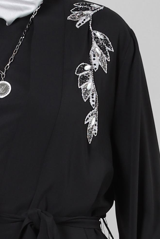 Hijab clothing BLACK GEM EMBROIDERED BELTED TOPCOAT SUIT WITH DRESS 80067 - ALVİNA
