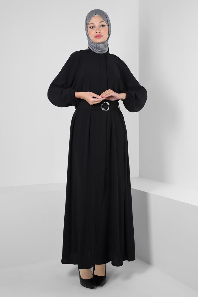 Vêtements hijab NOIR ABAYA CEINTURÉ AVEC POIGNETS ÉLASTIQUE 80068 - ALVİNA
