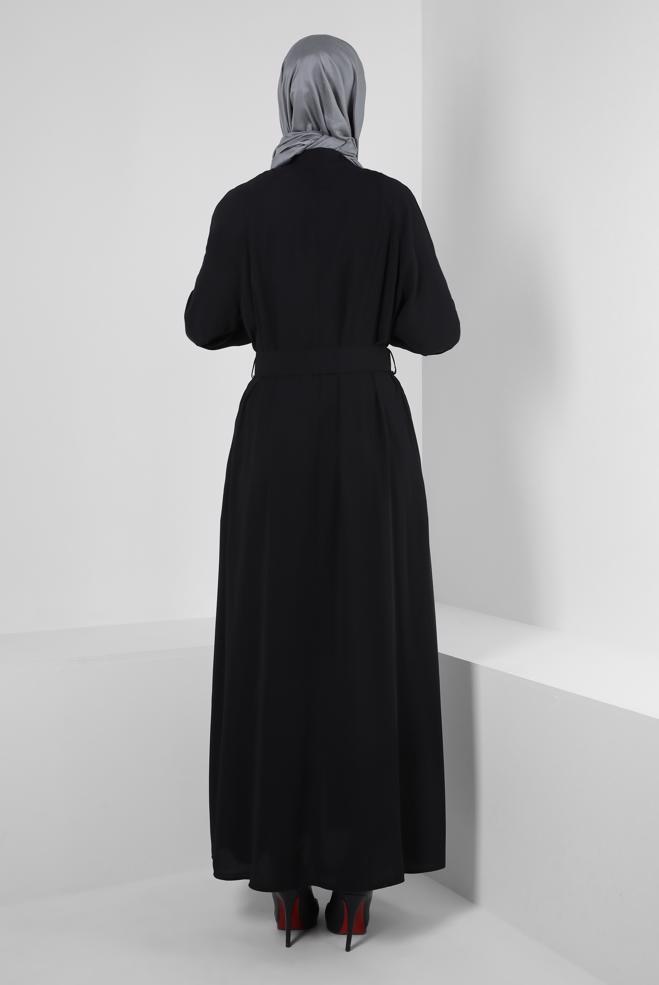 Vêtements hijab NOIR ABAYA CEINTURÉ AVEC POIGNETS ÉLASTIQUE 80068 - ALVİNA