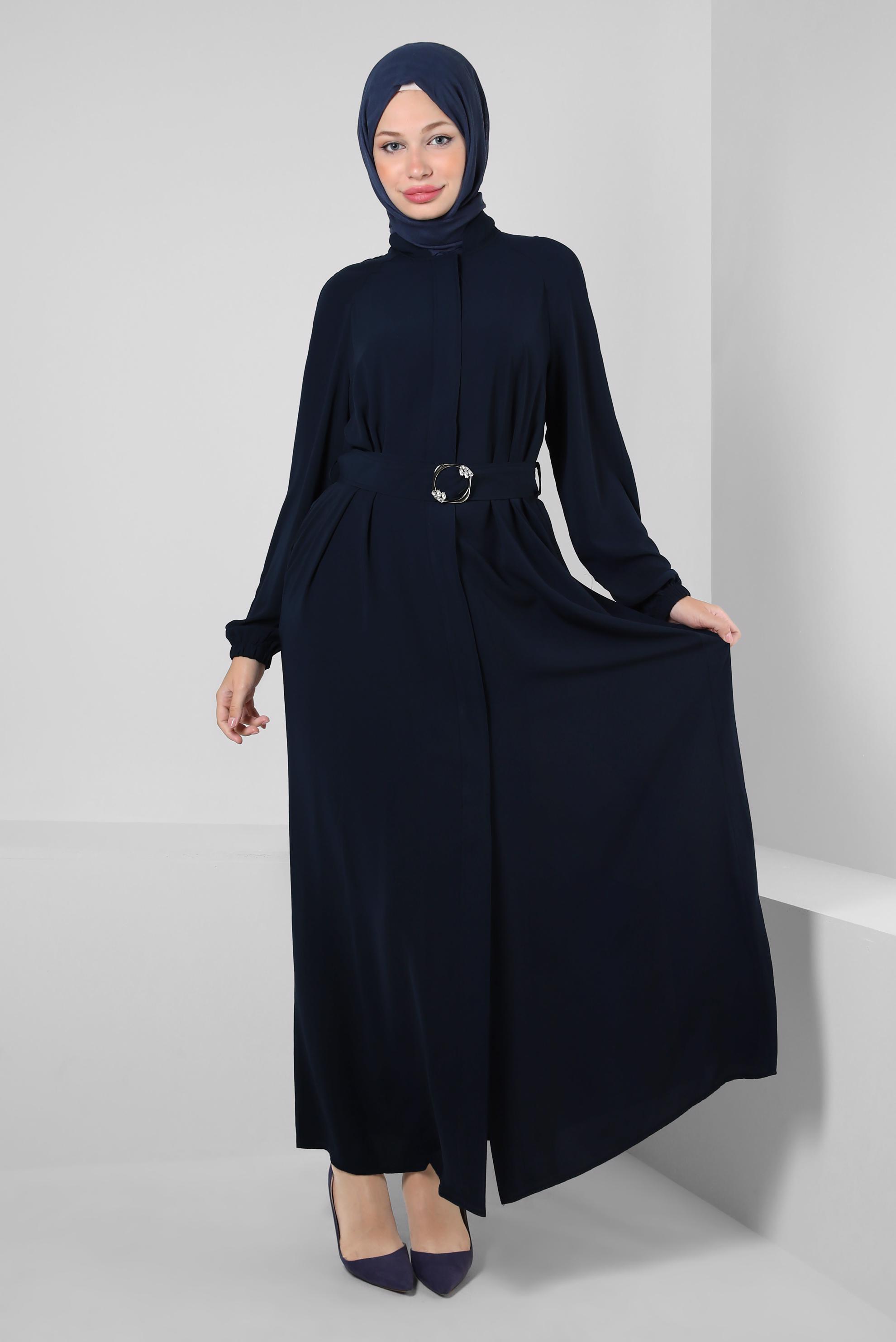 Hijab clothing NAVY BLUE BELTED ABAYA WITH ELASTIC CUFFS 80068