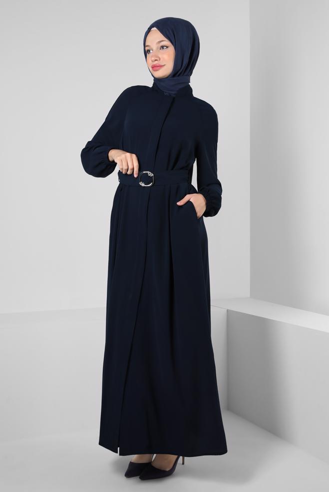Vêtements hijab BLEU MARINE ABAYA CEINTURÉ AVEC POIGNETS ÉLASTIQUE 80068 - ALVİNA