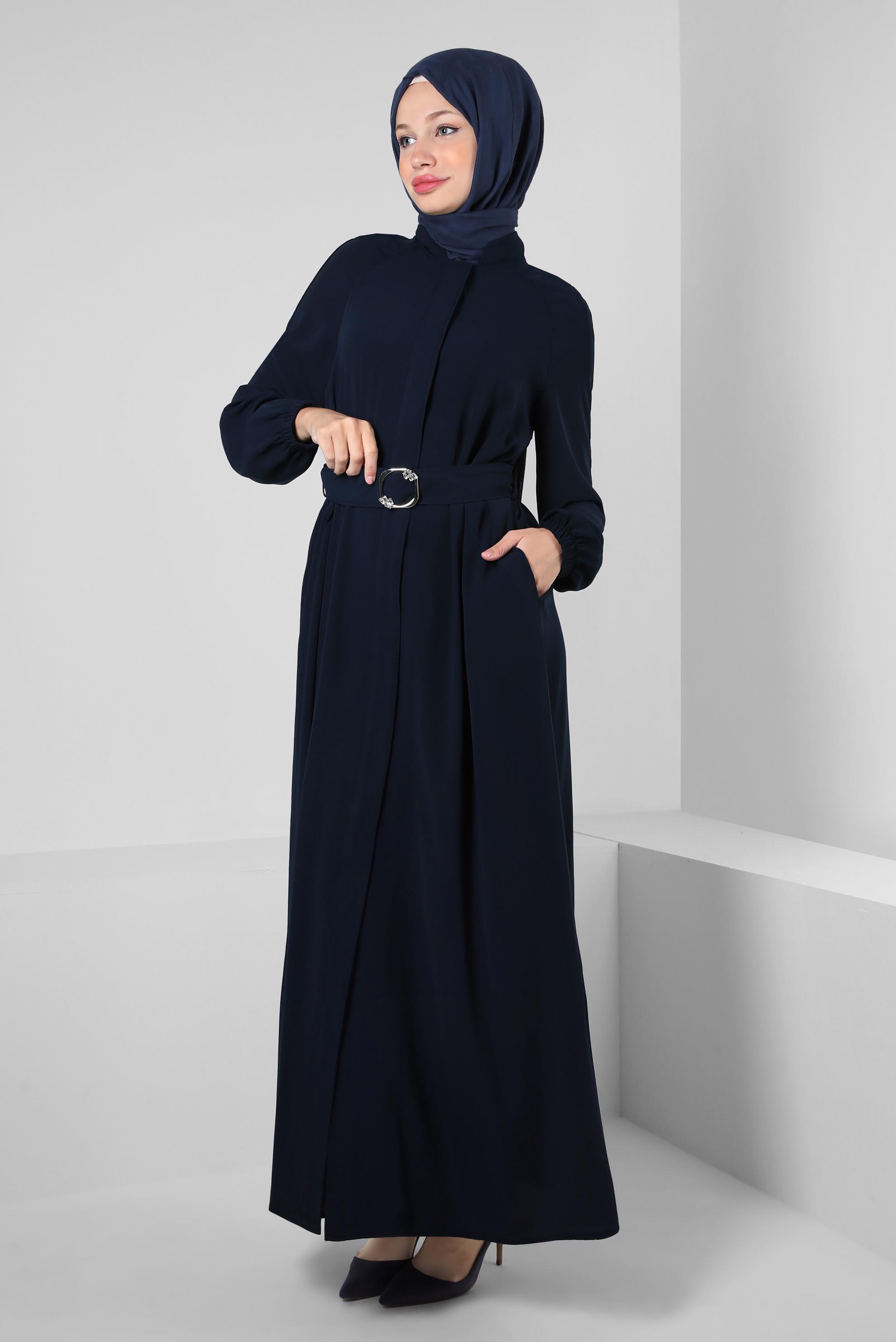 Hijab clothing NAVY BLUE BELTED ABAYA WITH ELASTIC CUFFS 80068