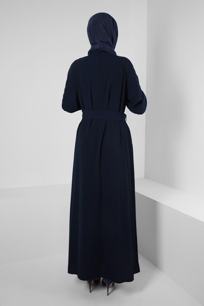 Vêtements hijab BLEU MARINE ABAYA CEINTURÉ AVEC POIGNETS ÉLASTIQUE 80068 - ALVİNA