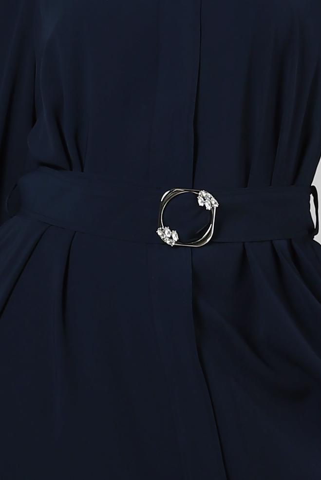 Vêtements hijab BLEU MARINE ABAYA CEINTURÉ AVEC POIGNETS ÉLASTIQUE 80068 - ALVİNA