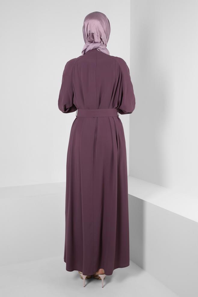 Vêtements hijab POURPRE ABAYA CEINTURÉ AVEC POIGNETS ÉLASTIQUE 80068 - ALVİNA