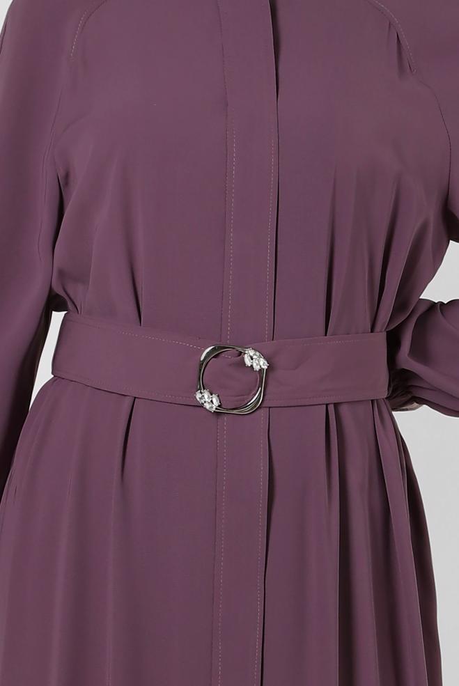 Vêtements hijab POURPRE ABAYA CEINTURÉ AVEC POIGNETS ÉLASTIQUE 80068 - ALVİNA