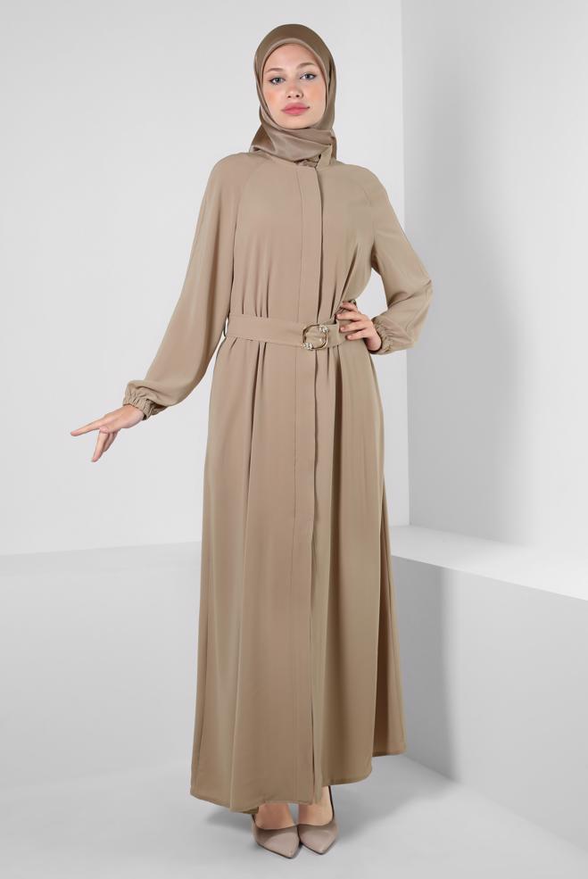 Vêtements hijab VISON ABAYA CEINTURÉ AVEC POIGNETS ÉLASTIQUE 80068 - ALVİNA