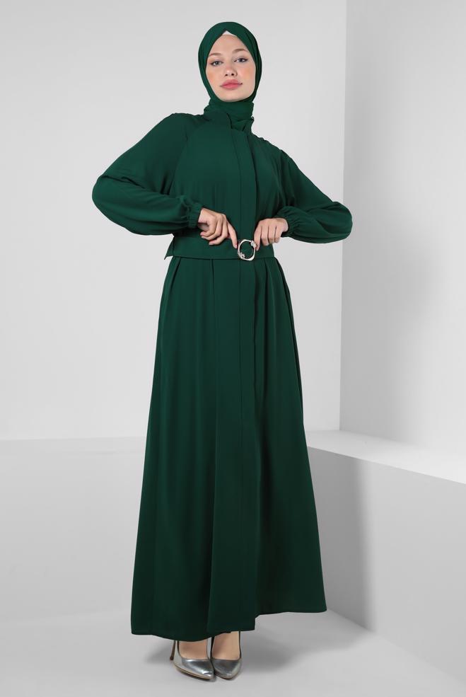 Vêtements hijab VERT ABAYA CEINTURÉ AVEC POIGNETS ÉLASTIQUE 80068 - ALVİNA
