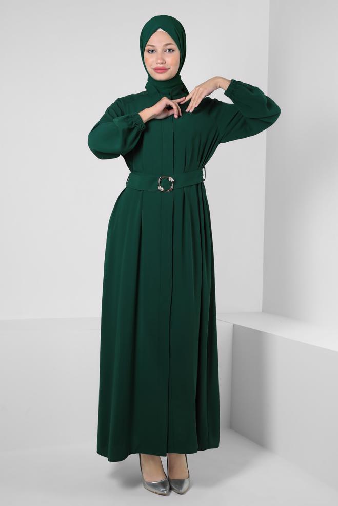 Vêtements hijab VERT ABAYA CEINTURÉ AVEC POIGNETS ÉLASTIQUE 80068 - ALVİNA