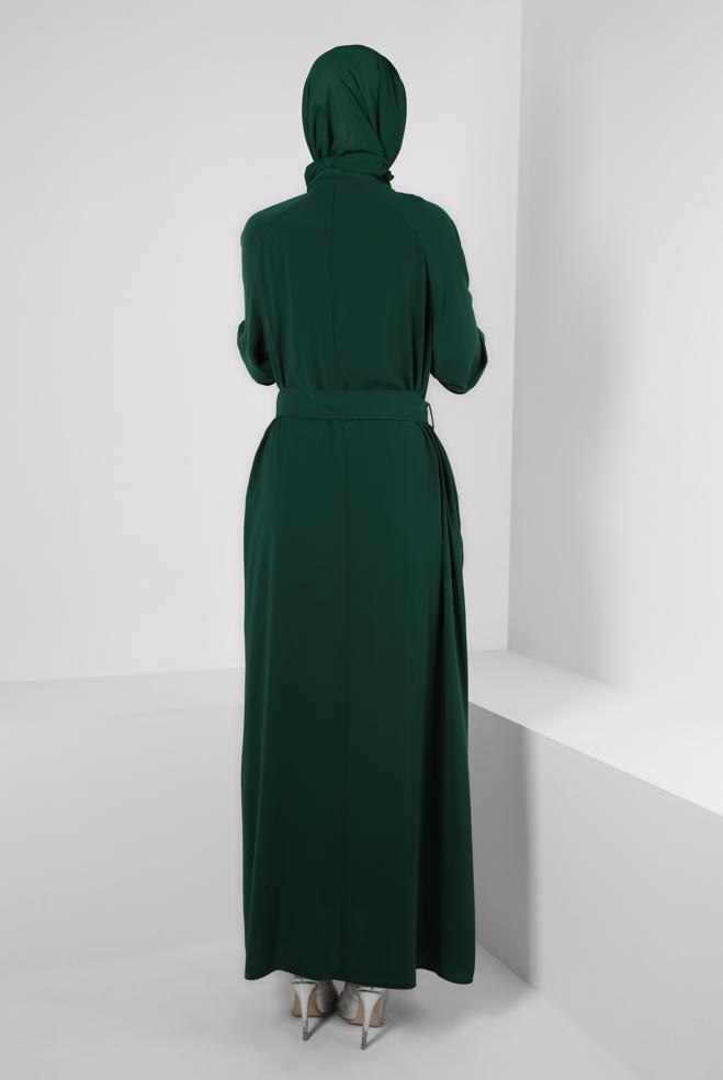Vêtements hijab VERT ABAYA CEINTURÉ AVEC POIGNETS ÉLASTIQUE 80068 - ALVİNA