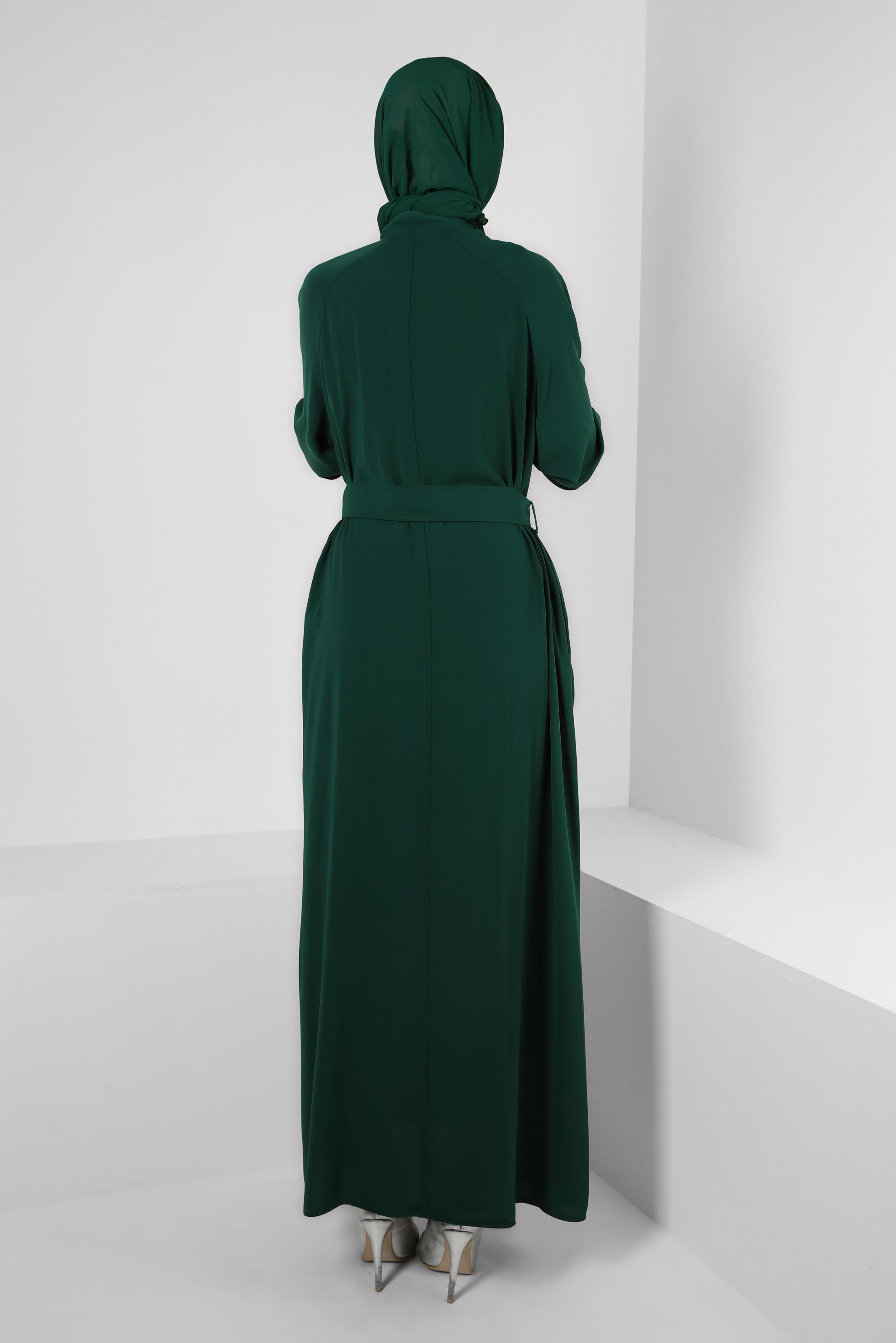 Tesettür giyim YEŞİL KEMERLİ MANŞETLERİ LASTİKLİ FERACE 80068