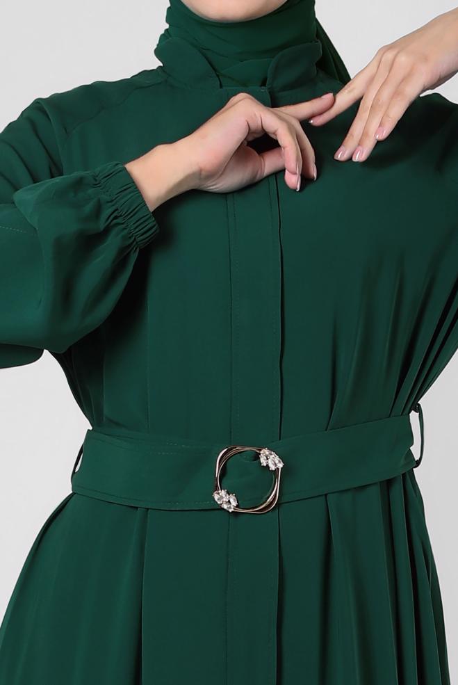 Vêtements hijab VERT ABAYA CEINTURÉ AVEC POIGNETS ÉLASTIQUE 80068 - ALVİNA