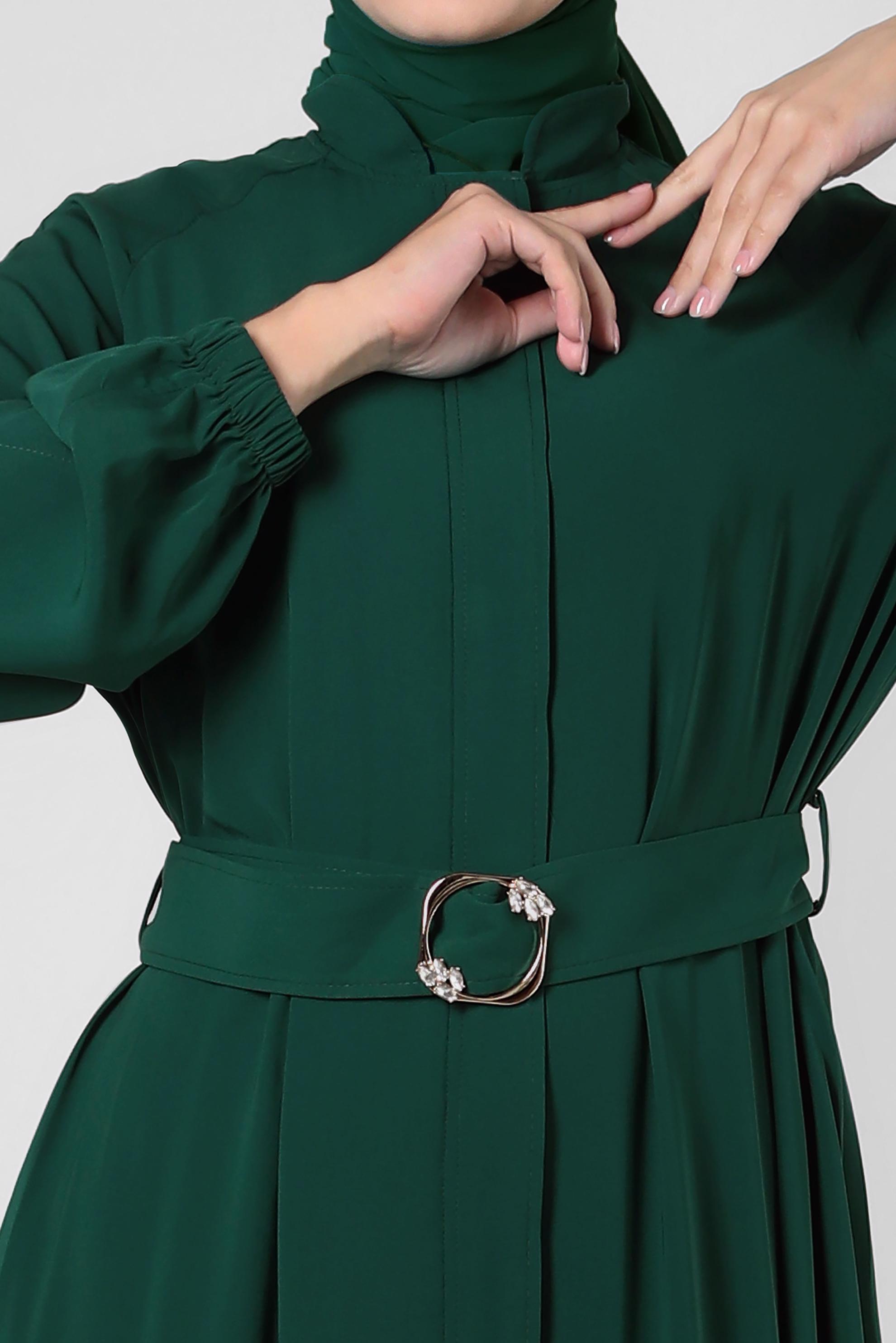 Tesettür giyim YEŞİL KEMERLİ MANŞETLERİ LASTİKLİ FERACE 80068