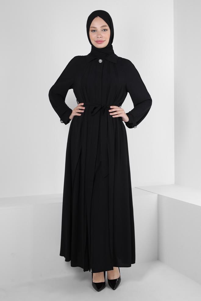 Vêtements hijab NOIR ABAYA CEINTURE AVEC DÉTAIL DE POCHE 80070 - ALVİNA