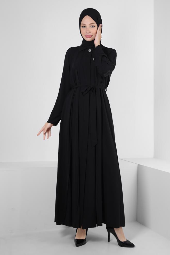 Vêtements hijab NOIR ABAYA CEINTURE AVEC DÉTAIL DE POCHE 80070 - ALVİNA