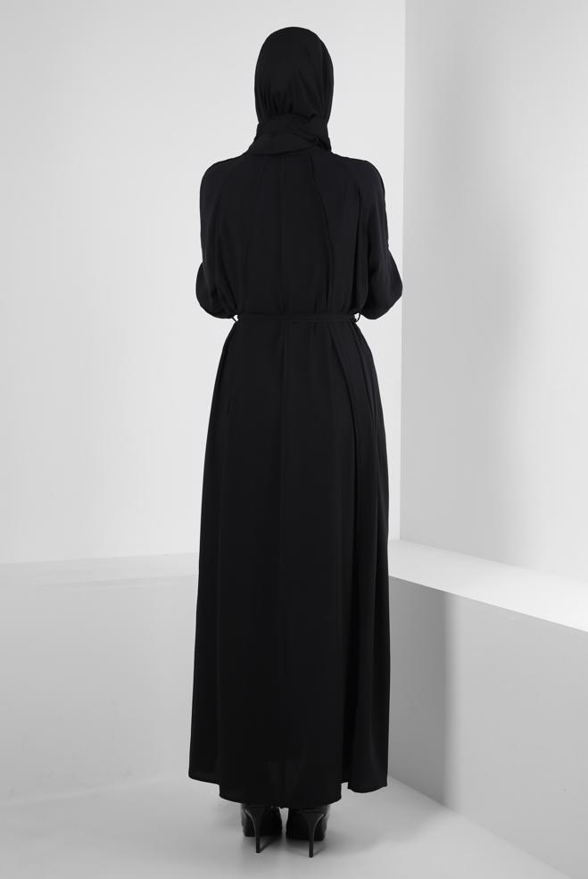 Vêtements hijab NOIR ABAYA CEINTURE AVEC DÉTAIL DE POCHE 80070 - ALVİNA