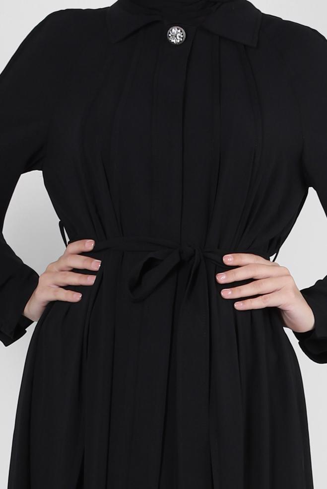 Vêtements hijab NOIR ABAYA CEINTURE AVEC DÉTAIL DE POCHE 80070 - ALVİNA