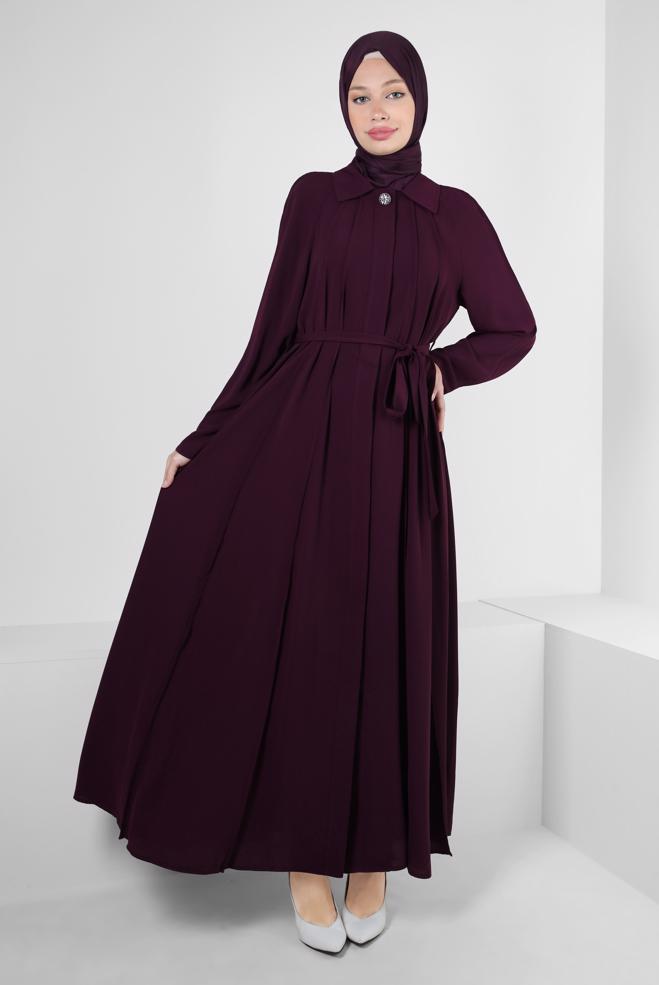 Vêtements hijab PRUNE ABAYA CEINTURE AVEC DÉTAIL DE POCHE 80070 - ALVİNA