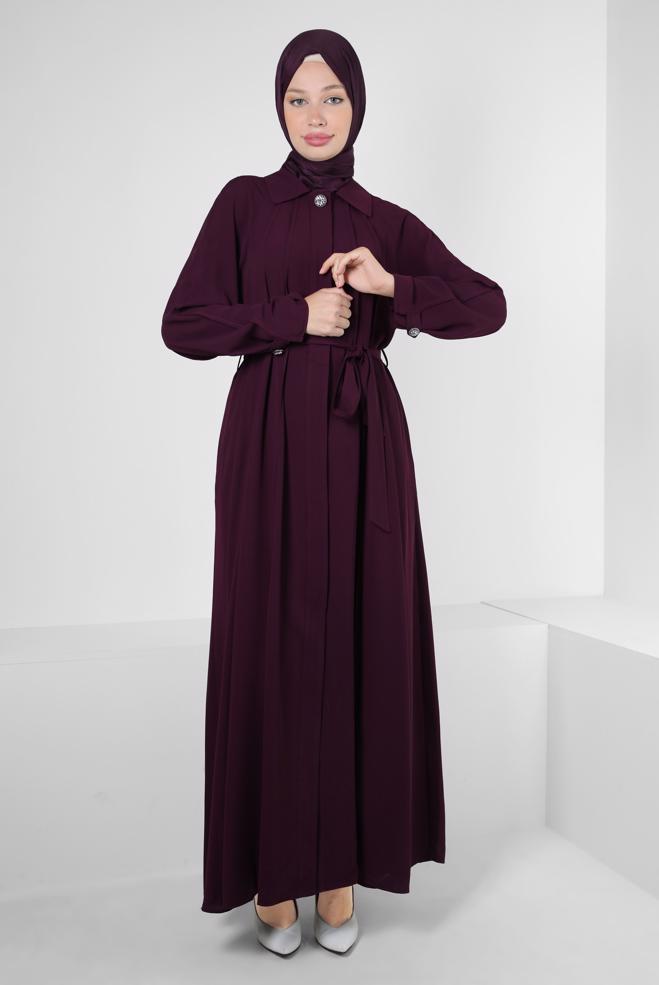 Vêtements hijab PRUNE ABAYA CEINTURE AVEC DÉTAIL DE POCHE 80070 - ALVİNA