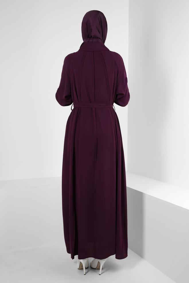 Vêtements hijab PRUNE ABAYA CEINTURE AVEC DÉTAIL DE POCHE 80070 - ALVİNA