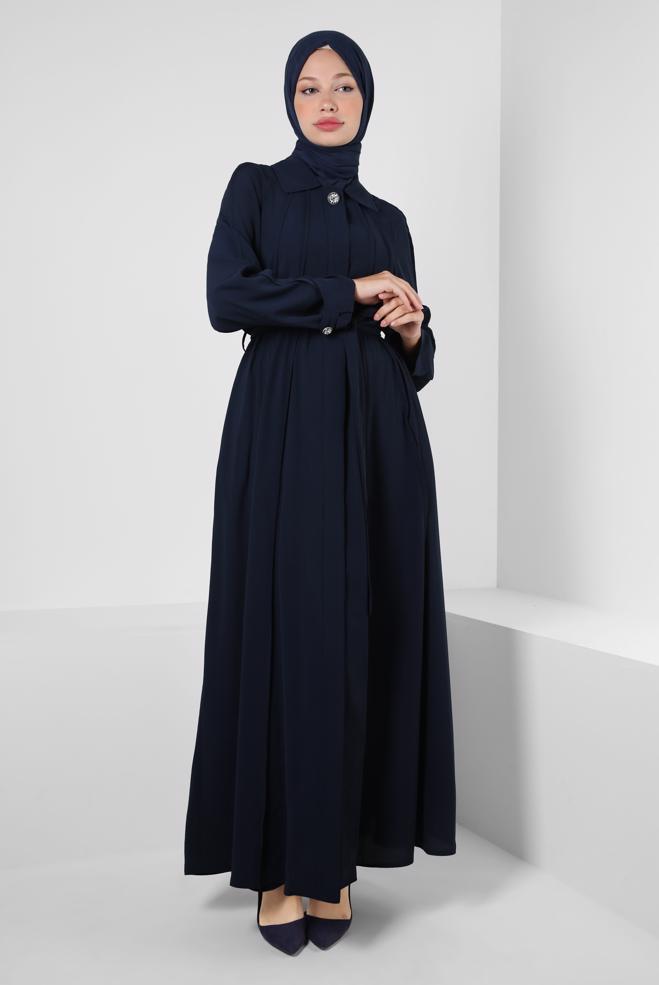 Vêtements hijab BLEU MARINE ABAYA CEINTURE AVEC DÉTAIL DE POCHE 80070 - ALVİNA