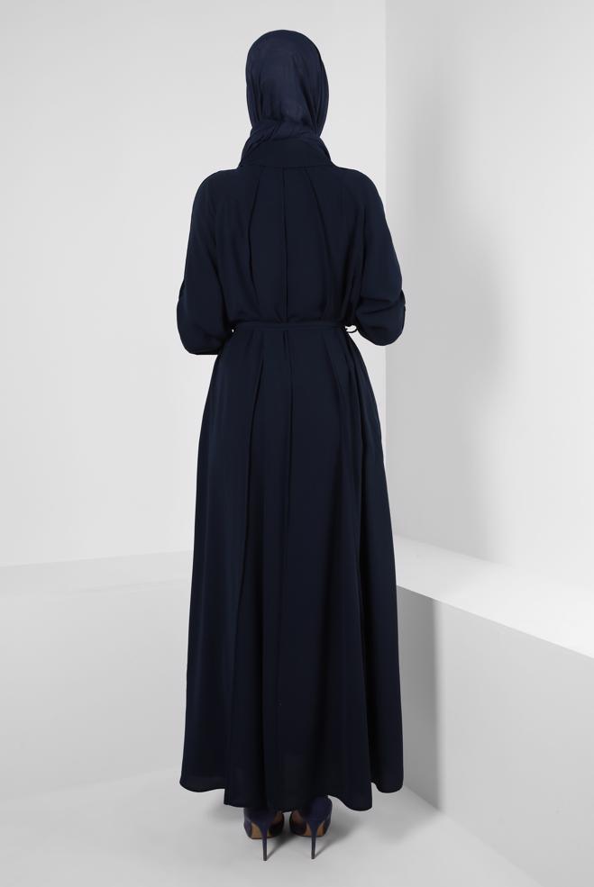 Vêtements hijab BLEU MARINE ABAYA CEINTURE AVEC DÉTAIL DE POCHE 80070 - ALVİNA