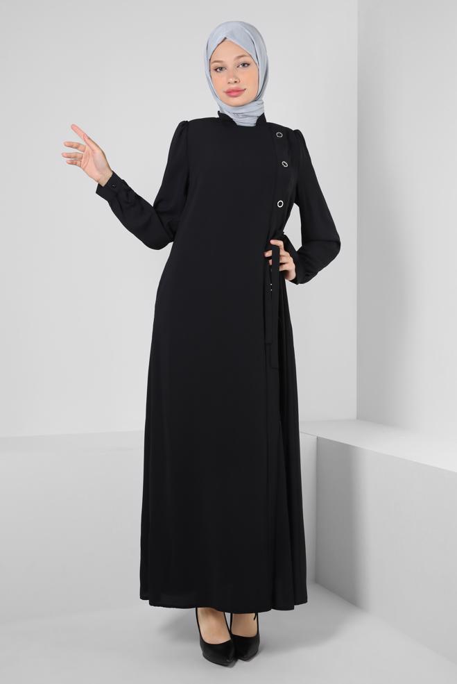 Vêtements hijab NOIR ABAYA DÉTAILLÉ À ŒILLETS 80072 - ALVİNA