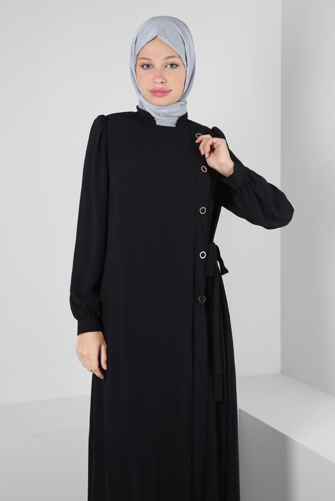 Vêtements hijab NOIR ABAYA DÉTAILLÉ À ŒILLETS 80072 - ALVİNA